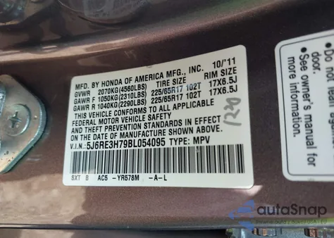 2011 Honda Cr-V Ex-L from USA, damaged, VIN 5J6RE3H79BL054095